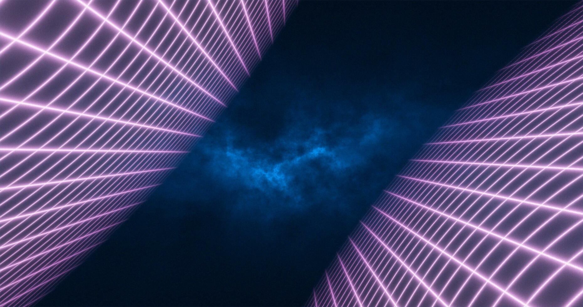 resumen púrpura energía cuadrícula arremolinándose túnel de líneas en el parte superior y fondo de el pantalla mágico brillante brillante futurista de alta tecnología antecedentes foto