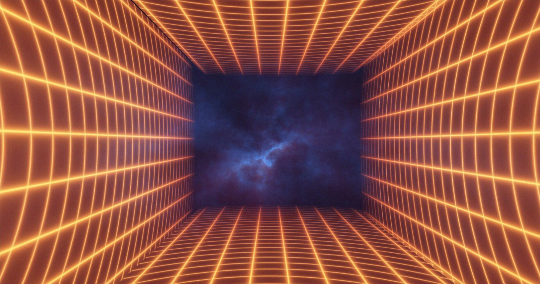 resumen naranja amarillo energía cuadrícula arremolinándose túnel de líneas en el parte superior y fondo de el pantalla mágico brillante brillante futurista de alta tecnología antecedentes foto
