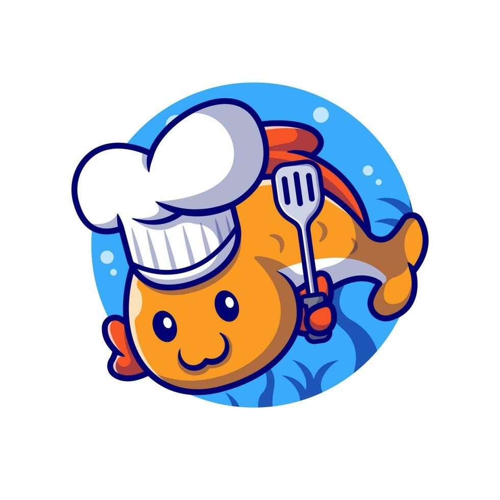 Cute Fish Chef With Spatula Cartoon Vector Icon Illustration.  Animal Profession Icon Concept Isolated Premium Vector.  Flat Cartoon Style