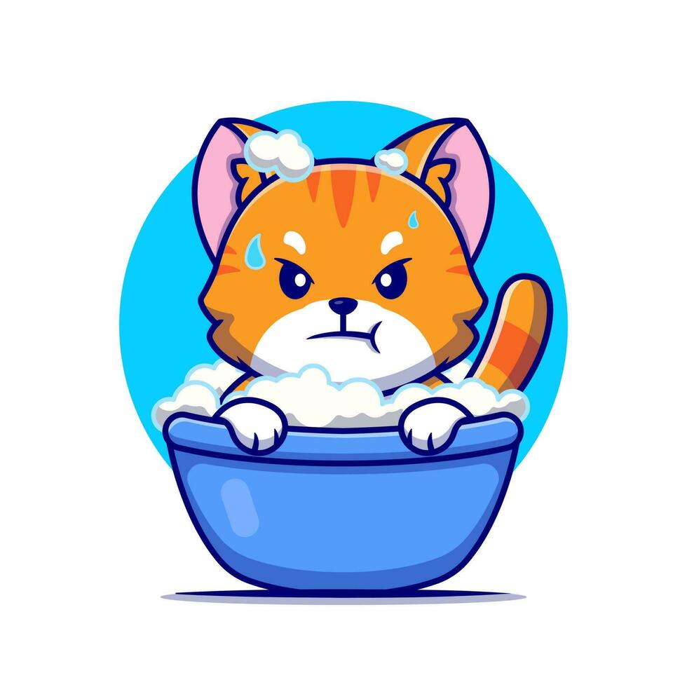 enojado gato bañera en tina dibujos animados vector icono ilustración. animal naturaleza icono concepto aislado prima vector. plano dibujos animados estilo