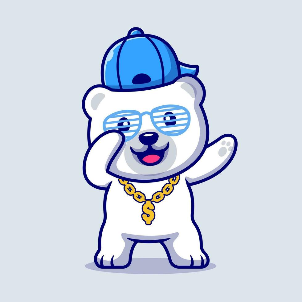 Cute Swag Polar Bear With Hat And gold chain necklace  Cartoon Vector Icon Illustration. Animal Fashion Icon Concept  Isolated Premium Vector. Flat Cartoon Style