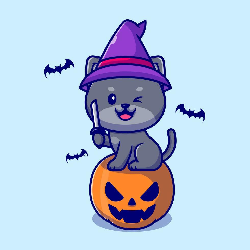Cute Witch Cat Sitting On Pumpkin Halloween Holding Knife  Cartoon Vector Icon Illustration. Animal Holiday Icon Concept  Isolated Premium Vector. Flat Cartoon Style