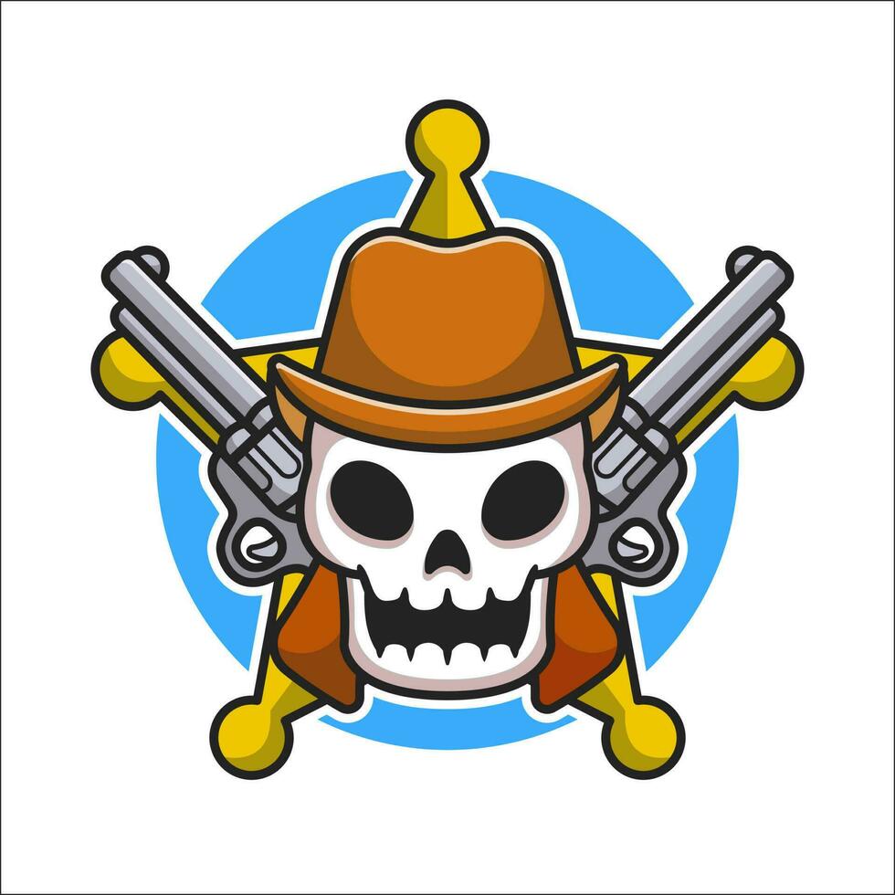Cute Sheriff Skull With Gun Cartoon Vector Icon Illustration.  Skull Sheriff Icon Concept Isolated Premium Vector. Flat  Cartoon Style