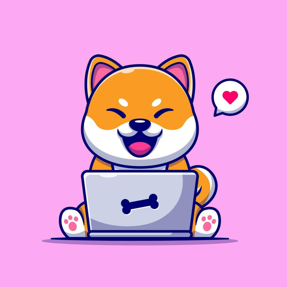 linda shiba inu perro trabajando en ordenador portátil dibujos animados vector icono ilustración. animal tecnología icono concepto aislado prima vector. plano dibujos animados estilo