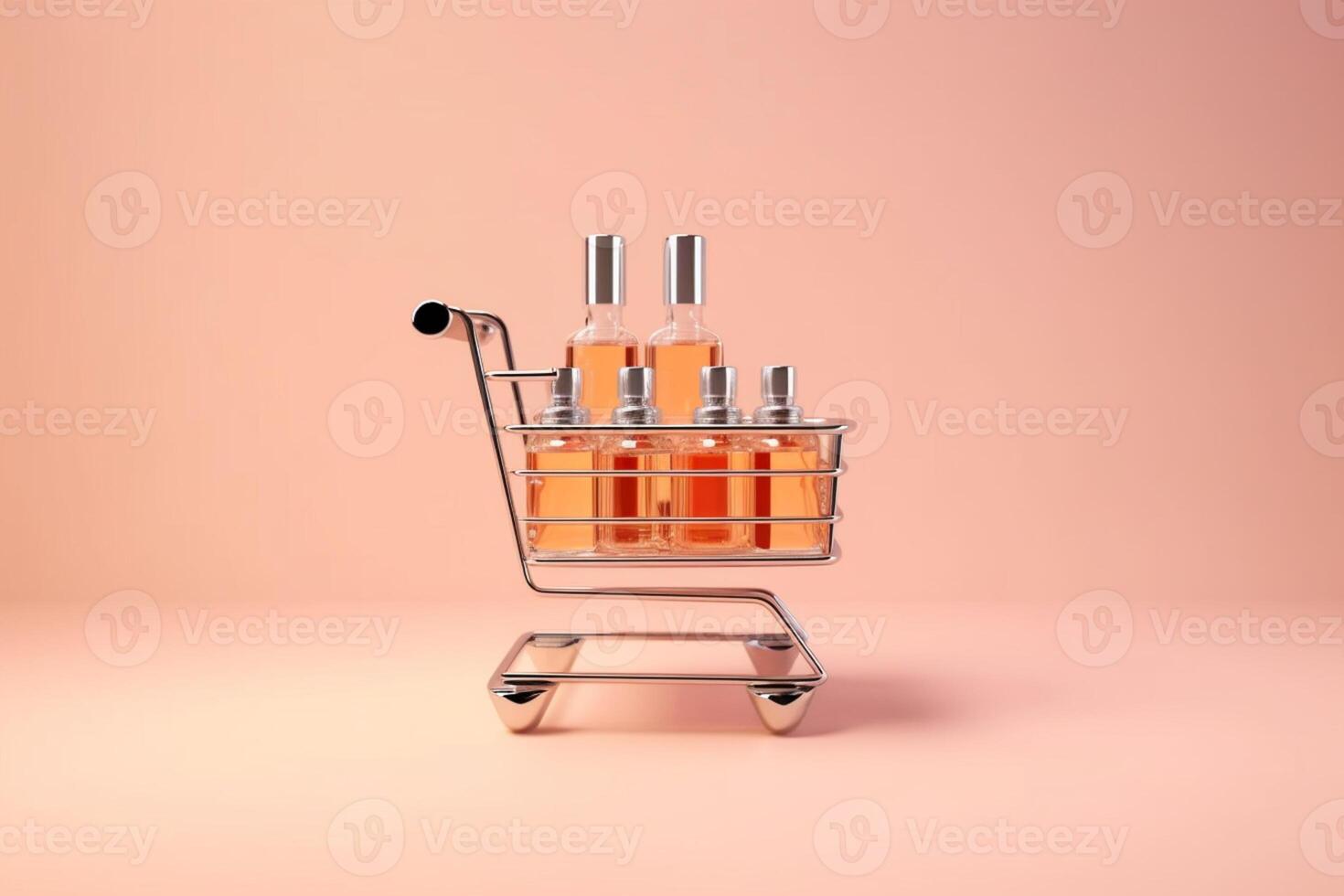 en línea compras minimalista concepto. pequeño carro con cosmético botellas esencial aceite, un mezcla de belleza productos ai generativo foto