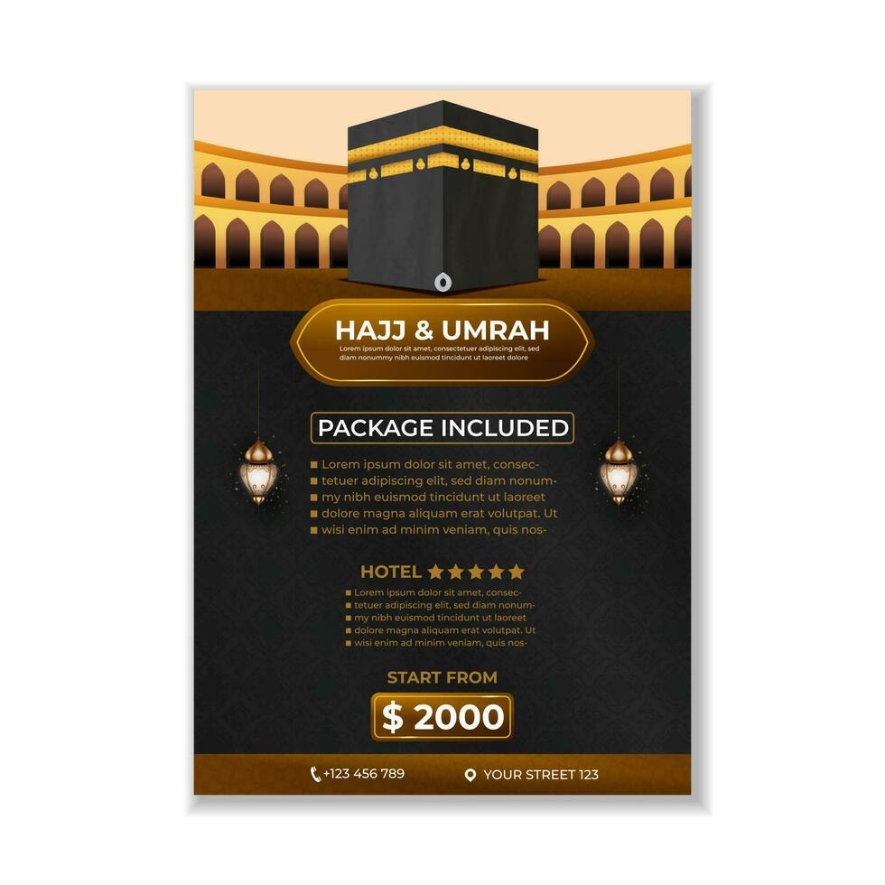 Tour Hajj and Umrah brochure Template Vector Design With realistic kaaba for Islamic background, flyer, banner
