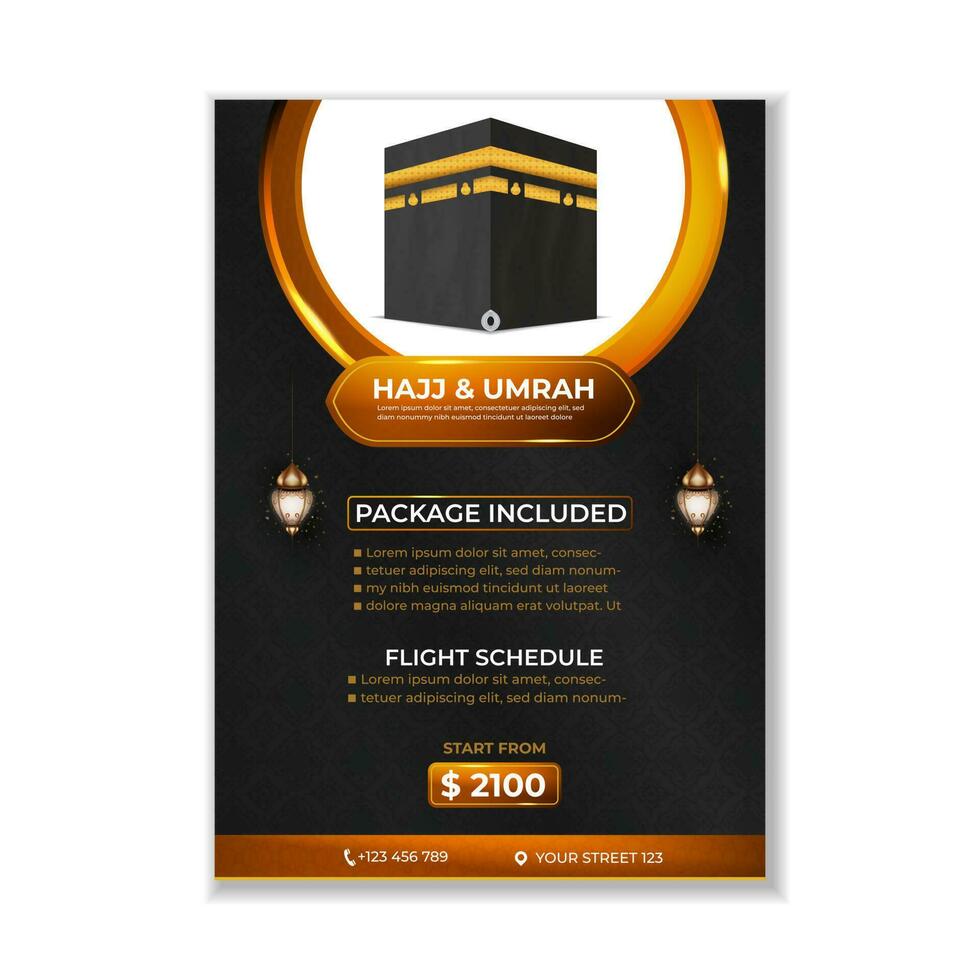 Tour Hajj and Umrah brochure Template Vector Design With realistic kaaba for Islamic background, flyer, banner