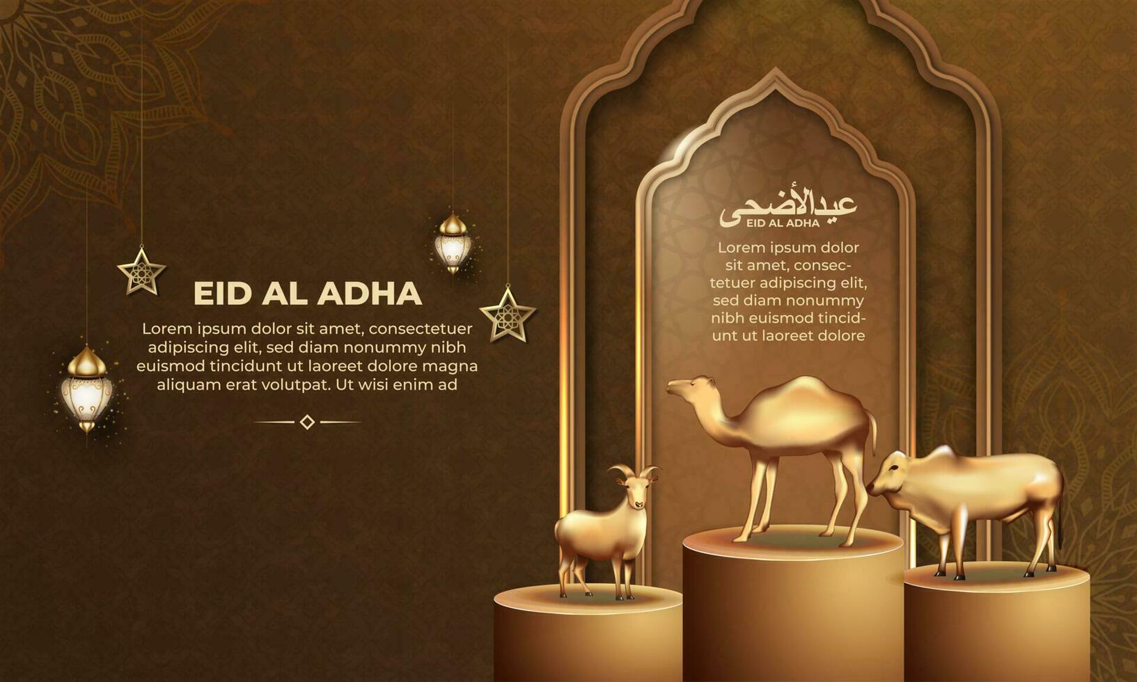 eid al adha background with goat, camel and cow for poster, banner design. vector illustration
