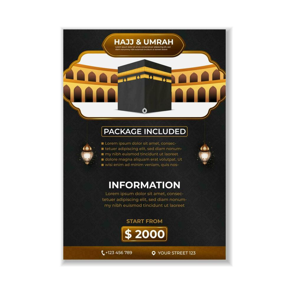 Tour Hajj and Umrah brochure Template Vector Design With realistic kaaba for Islamic background, flyer, banner