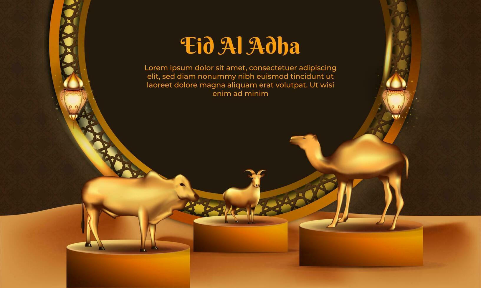 eid al adha background with goat, camel and cow for poster, banner design. vector illustration