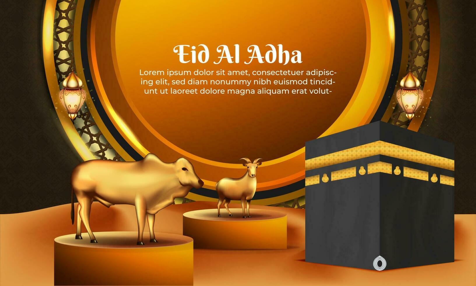 Eid al adha islamic greeting card with goat and cow , poster, banner design, vector illustration