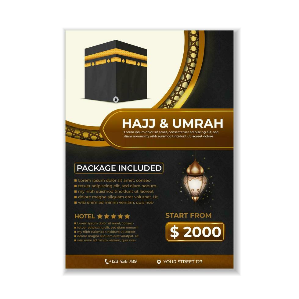 Tour Hajj and Umrah brochure Template Vector Design With realistic kaaba for Islamic background, flyer, banner