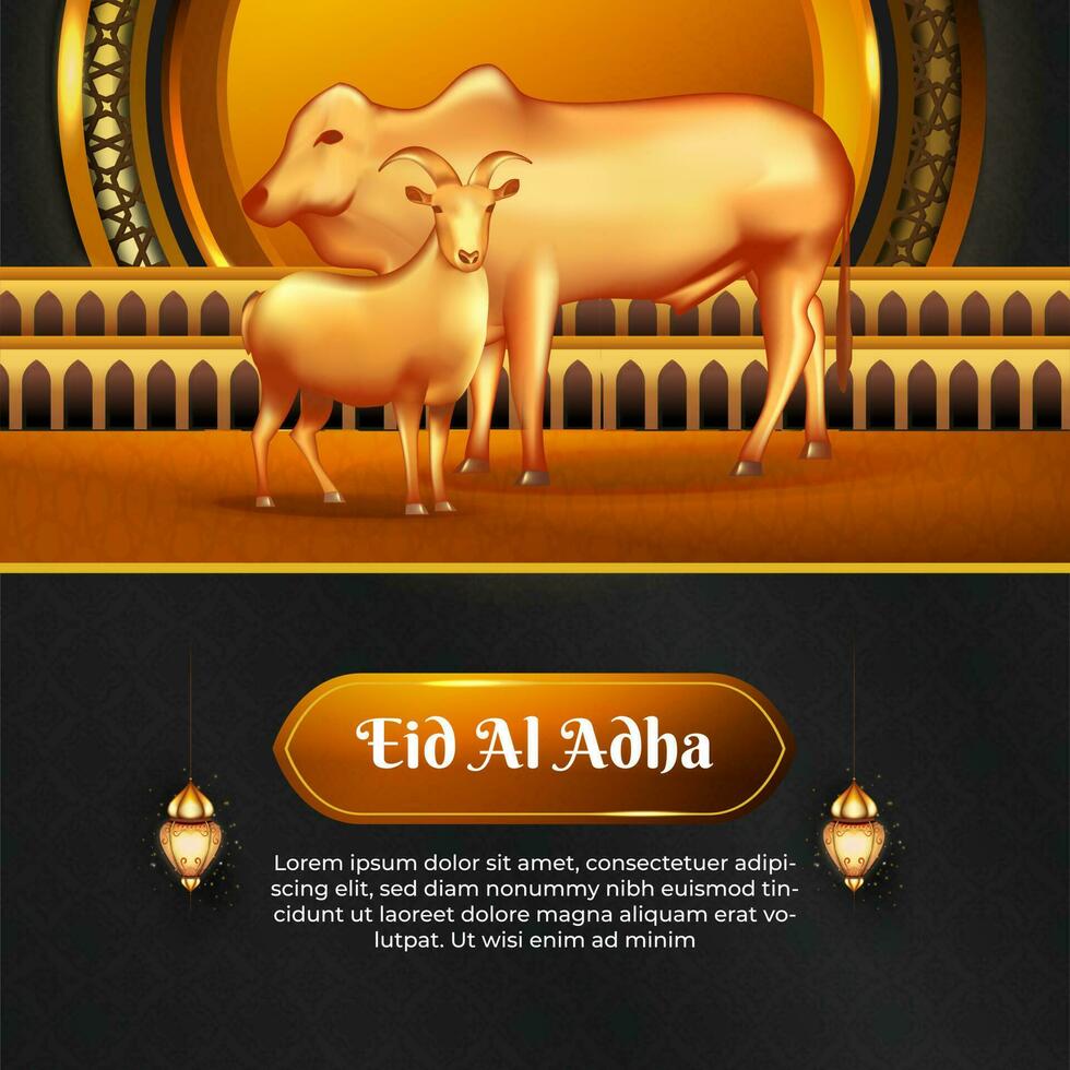 Eid al adha islamic greeting card with goat and cow , poster, banner design, vector illustration