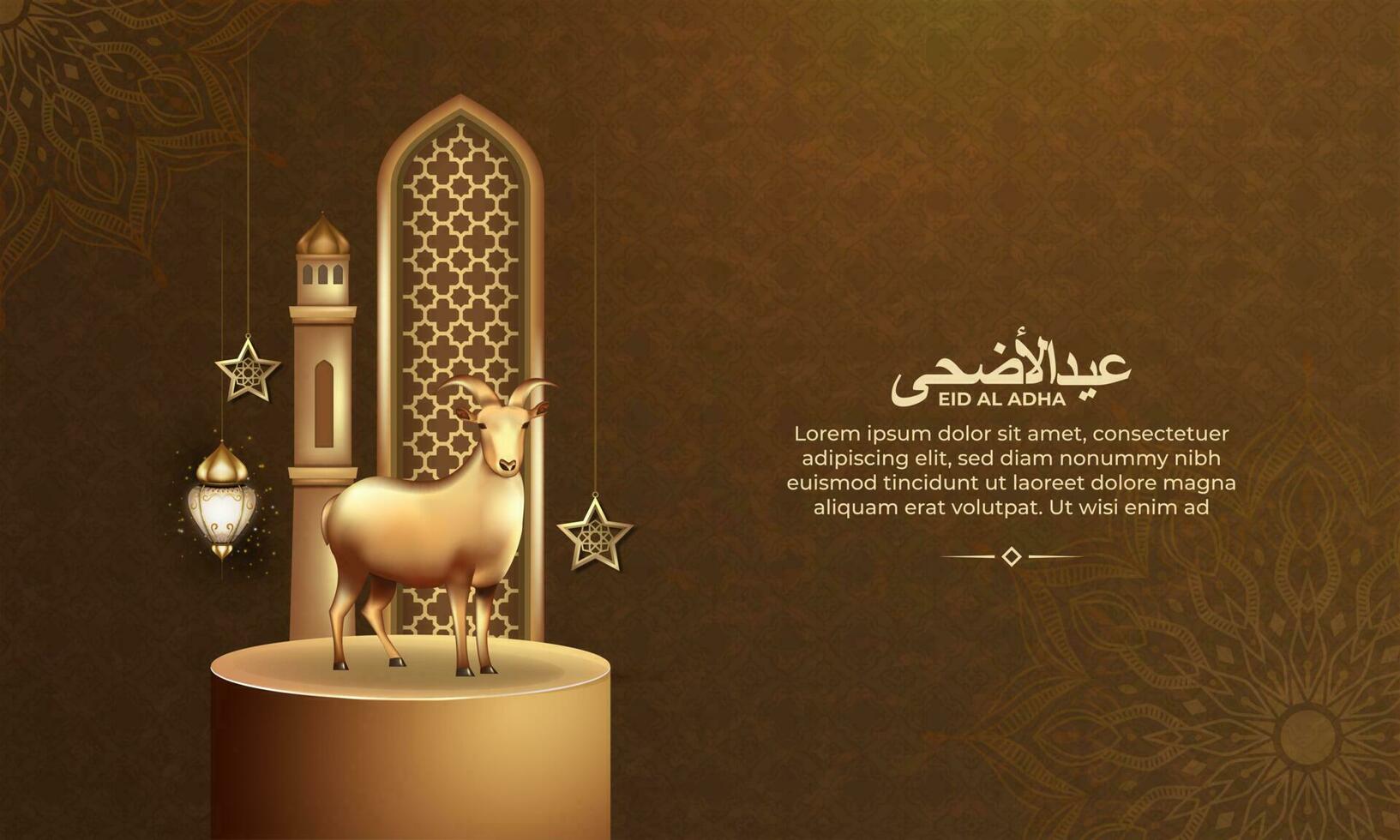 Eid al adha islamic greeting card with goat and islamic pattern for poster, banner design. vector illustration