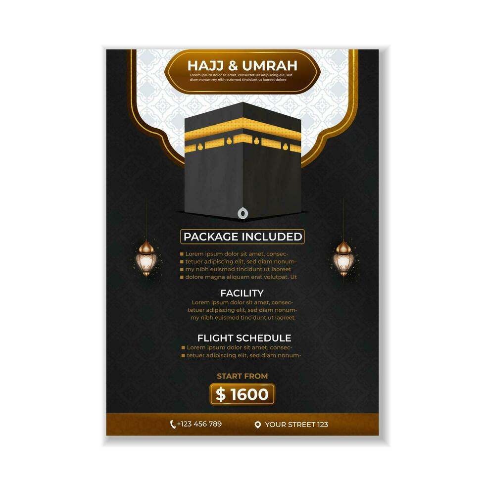 Tour Hajj and Umrah brochure Template Vector Design With realistic kaaba for Islamic background, flyer, banner