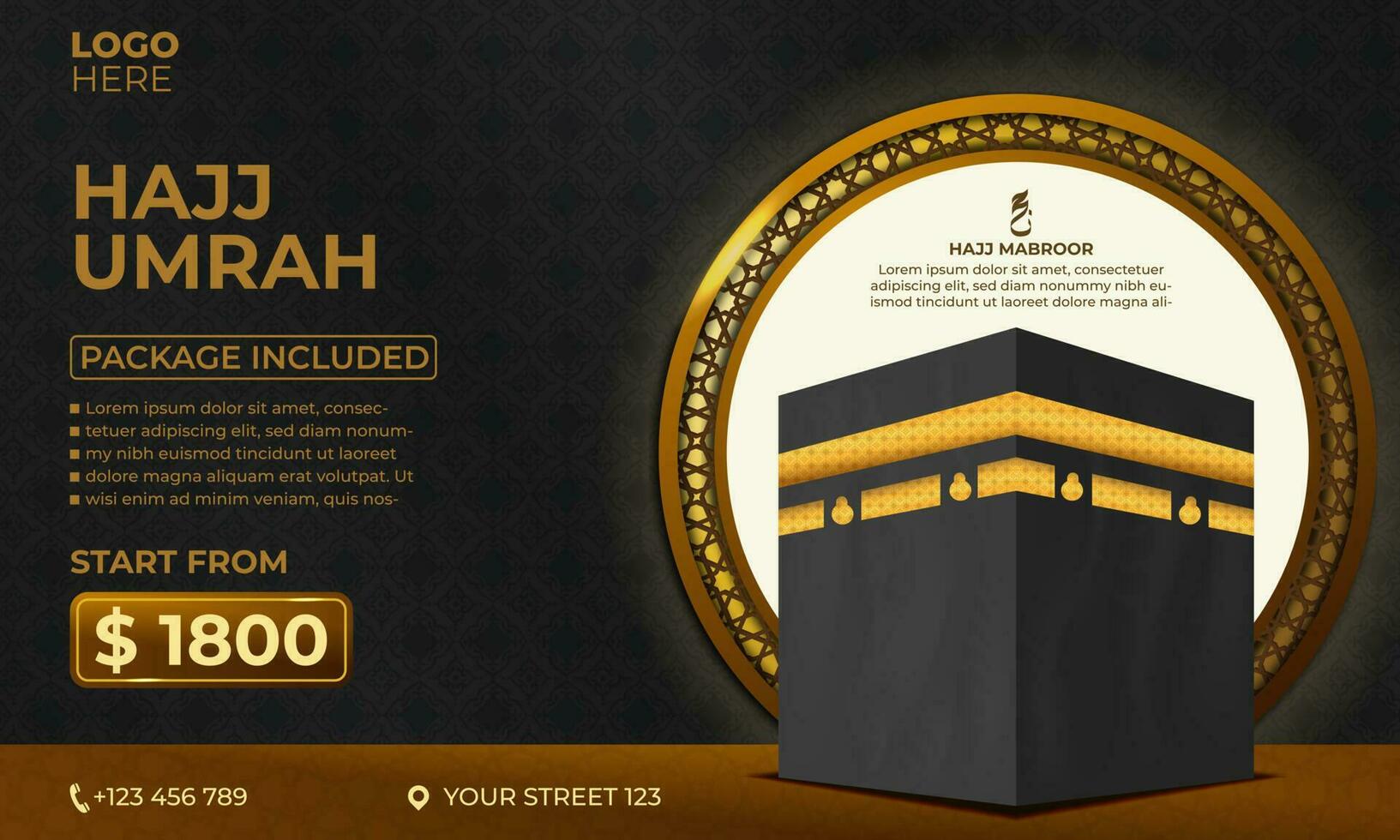 Tour Hajj and Umrah background Template Vector Design With realistic kaaba for Islamic background, brochure, banner