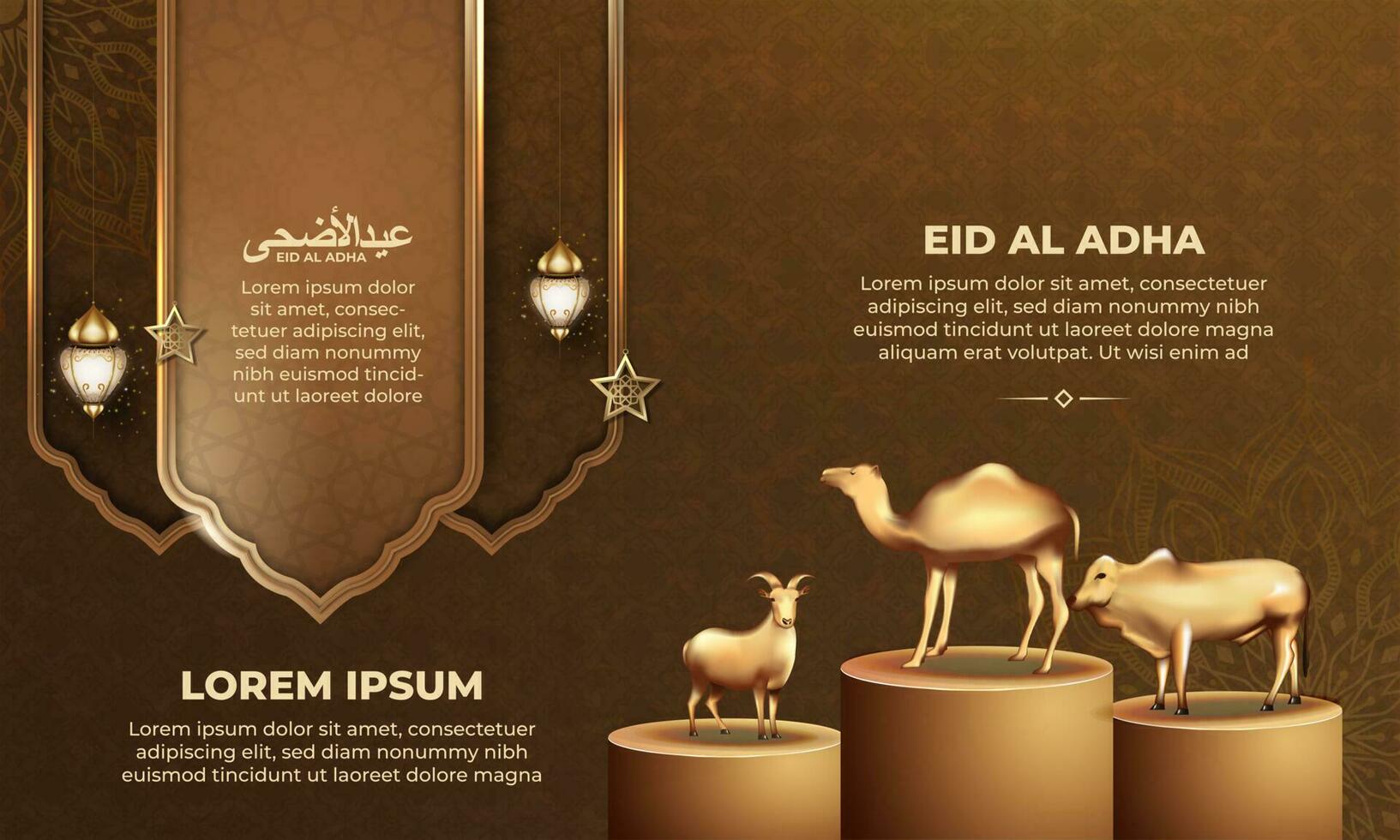 eid al adha background with goat, camel and cow for poster, banner design. vector illustration