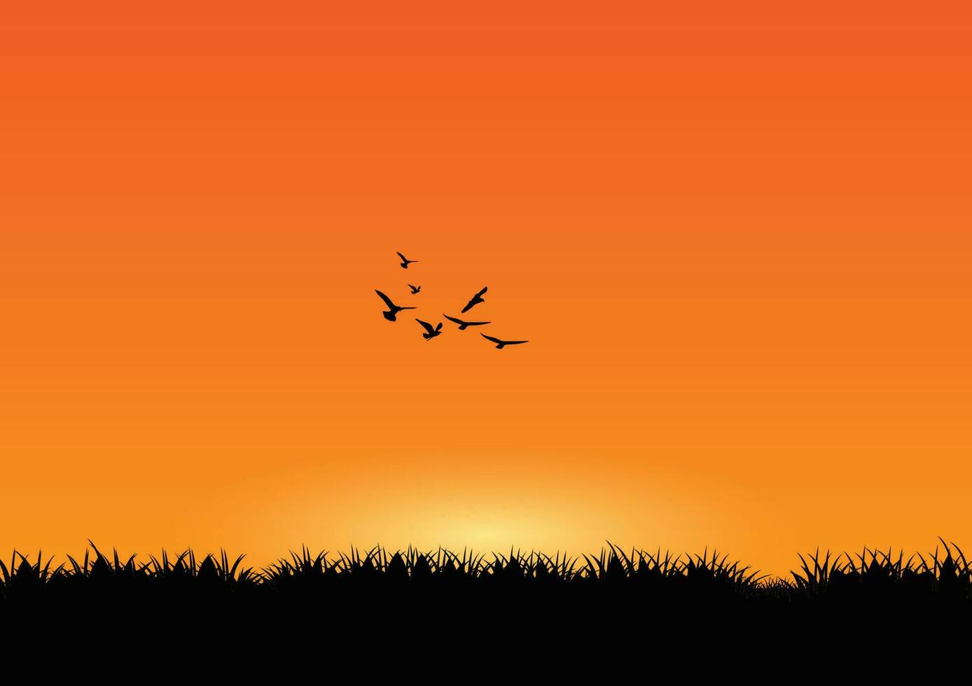 Silhouette of grass and birds at sunset background. Vector illustration