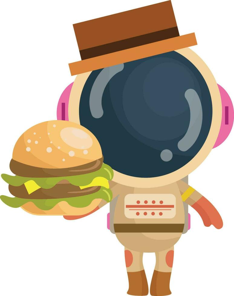 vector dibujos animados de gracioso y linda astronauta en pie participación un hamburguesa
