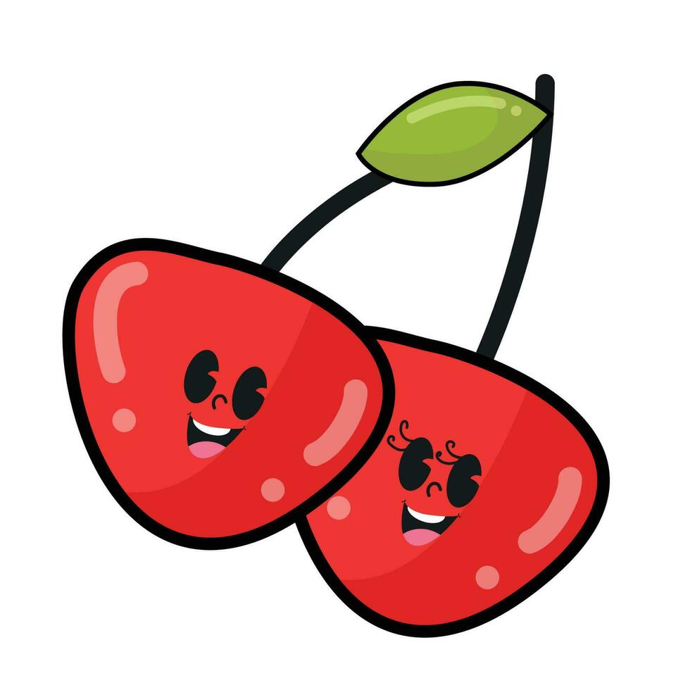 vector cartoon of a pair of cute and funny red cherries with green leaves on it