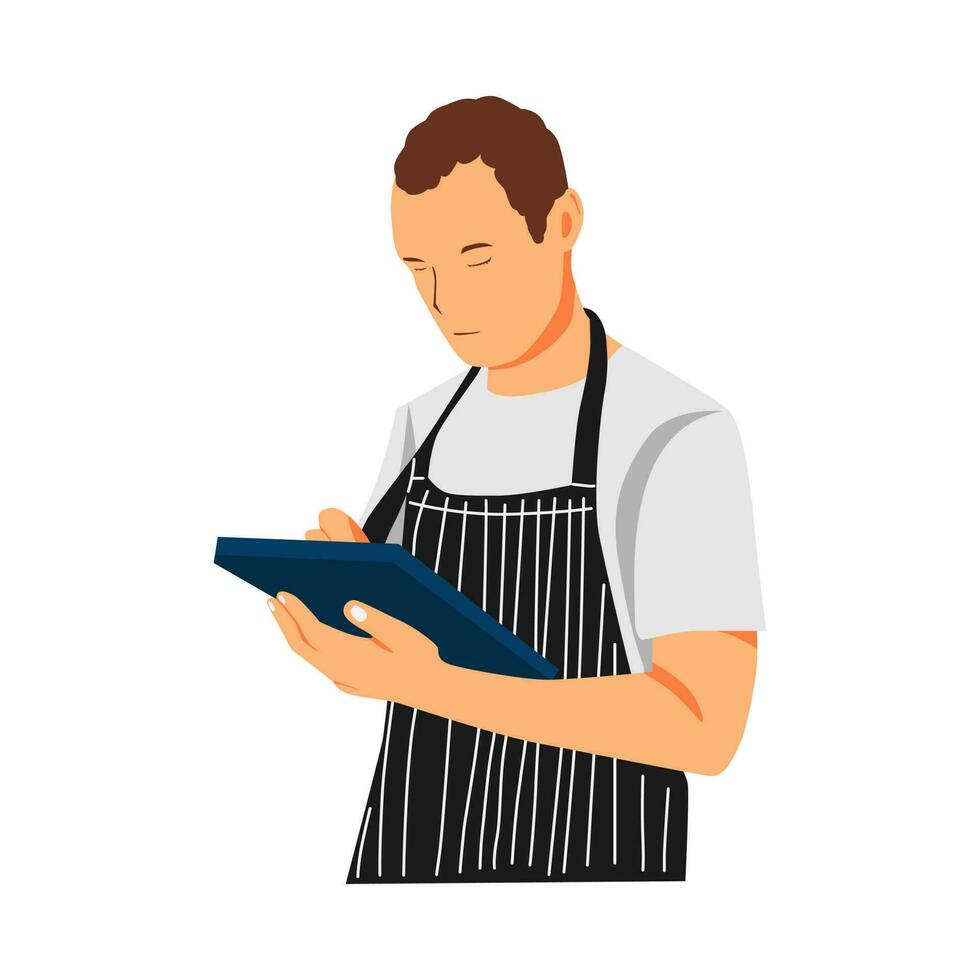 vector illustration of a barista working in a coffee shop, taking notes on a clipboard