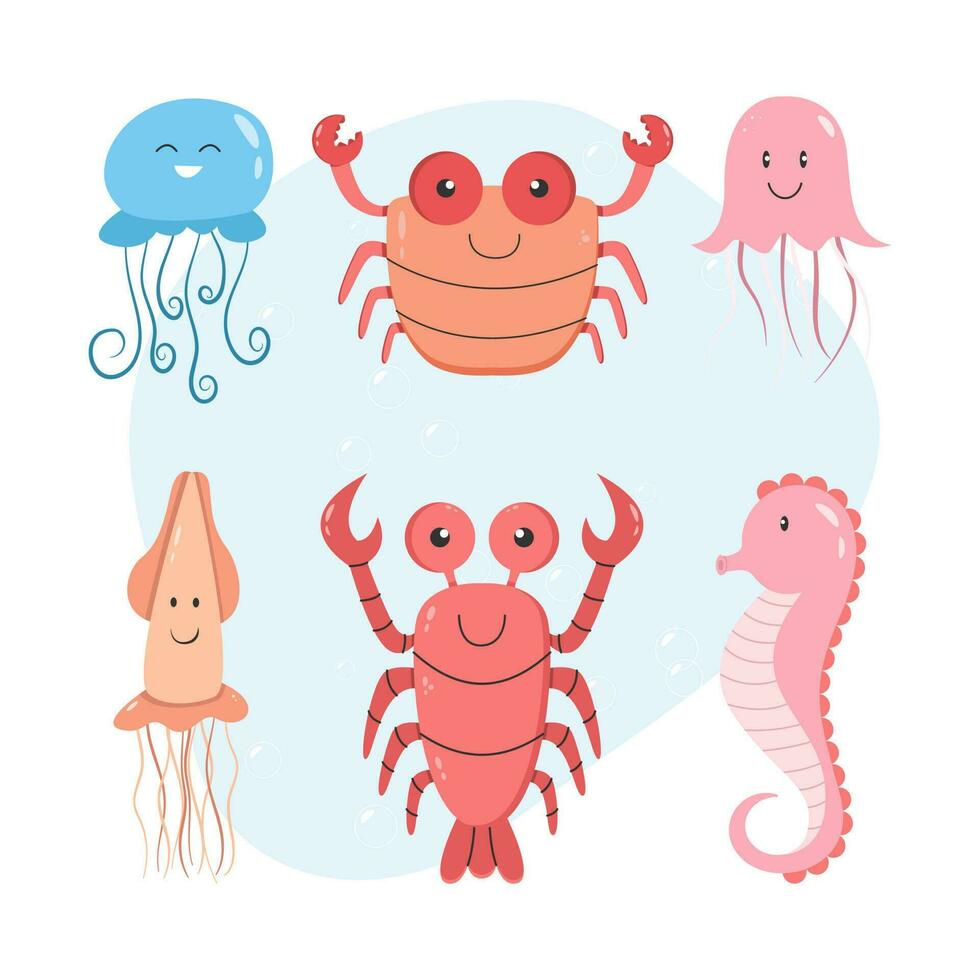 Set of flat six sea animals illustration vector