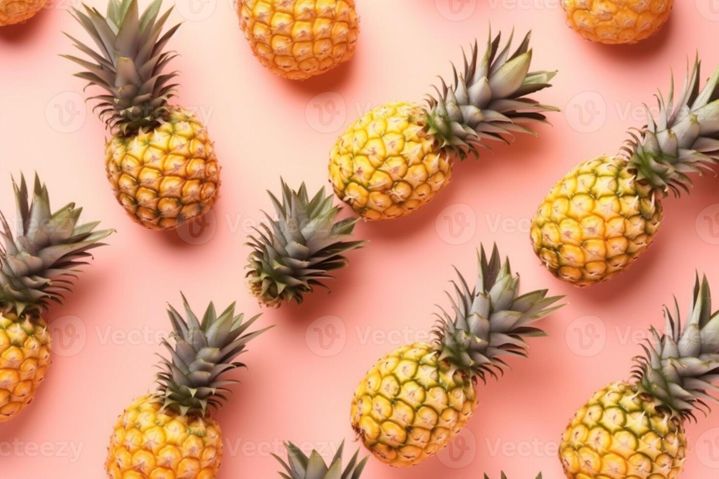 Bright pattern of many pineapples on a trendy soft pink background. Average ripe fruit, photo
