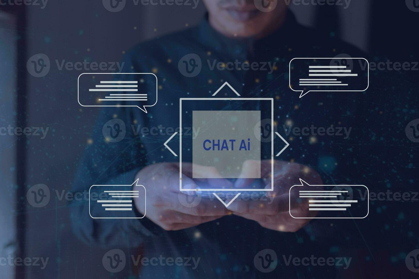 Chat with Artificial Intelligence. Man using AI smart robot technology, artificial intelligence by entering command prompt to produce something, Futuristic technology photo