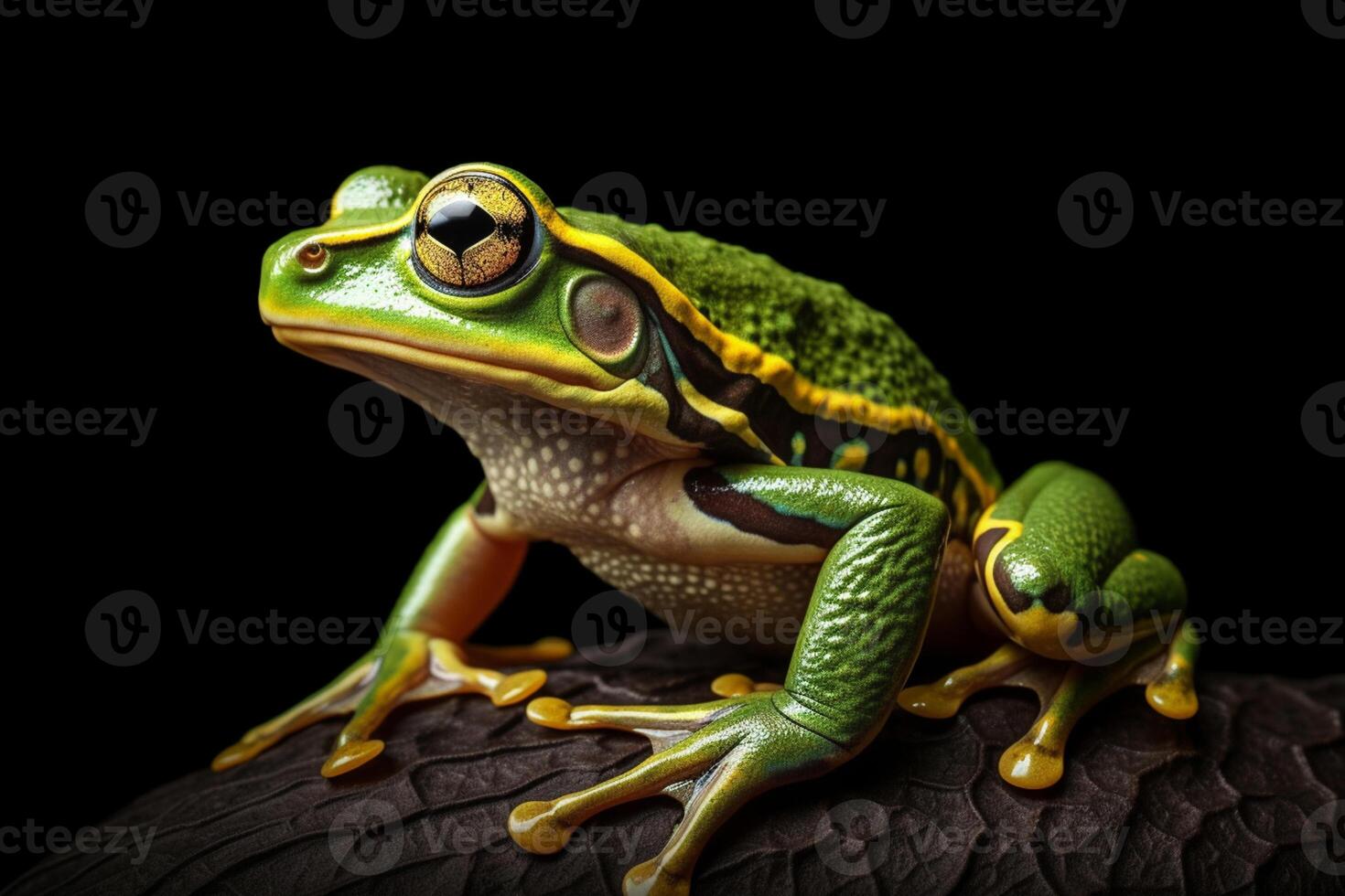 Green frog on a black background. photo