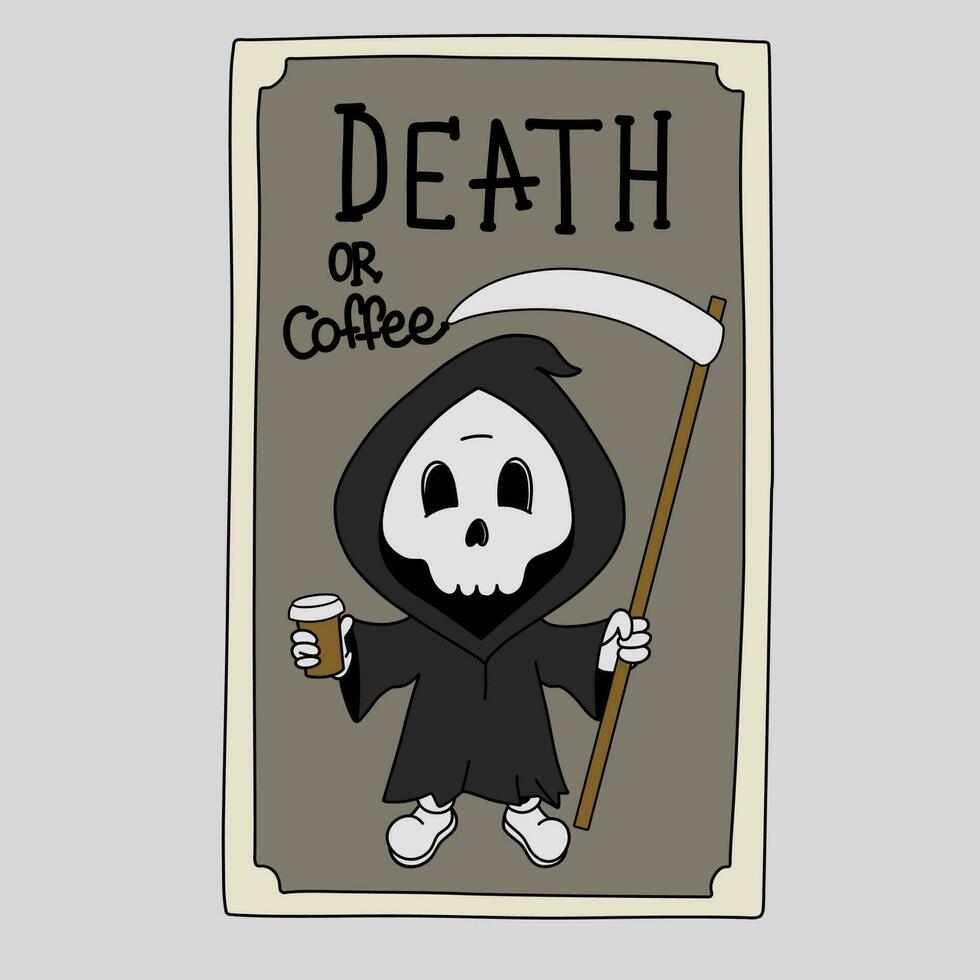 muerte tarot tarjeta, Víspera de Todos los Santos gracioso personaje con café taza, linda esotérico tarjeta vector