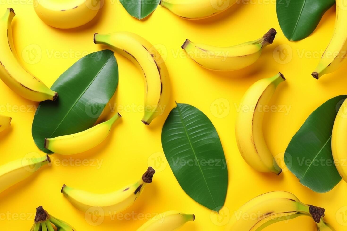 Pattern of ripe yellow bananas on a trendy yellow background. Summer freshness. photo