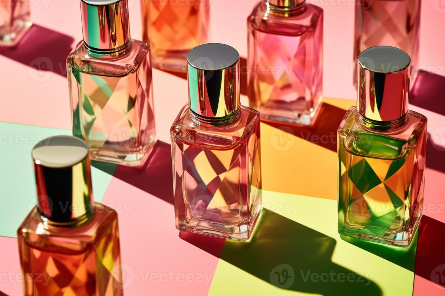 Perfume glass bottles of different bright colors standing on pink background. Abstract pattern by shadows and reflections in sunlight. photo