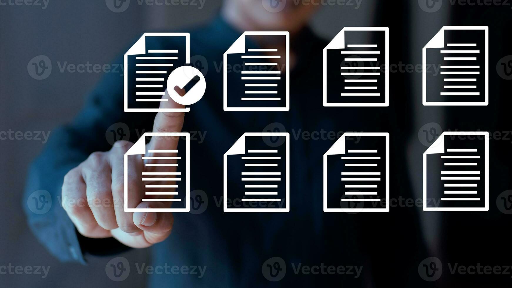 Businessman touching document checklist icon. Search and manage document database files. Document management system concept photo