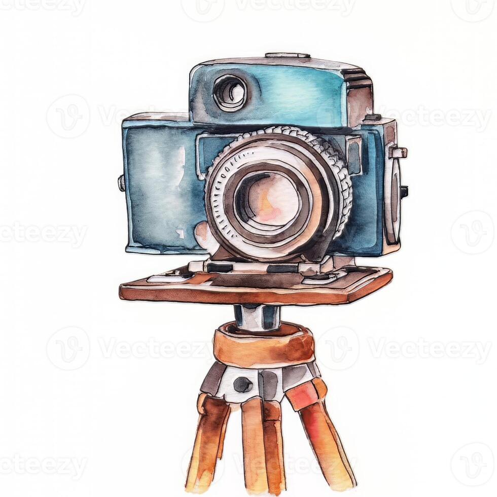 Watercolor Retro Camera On Tripod photo