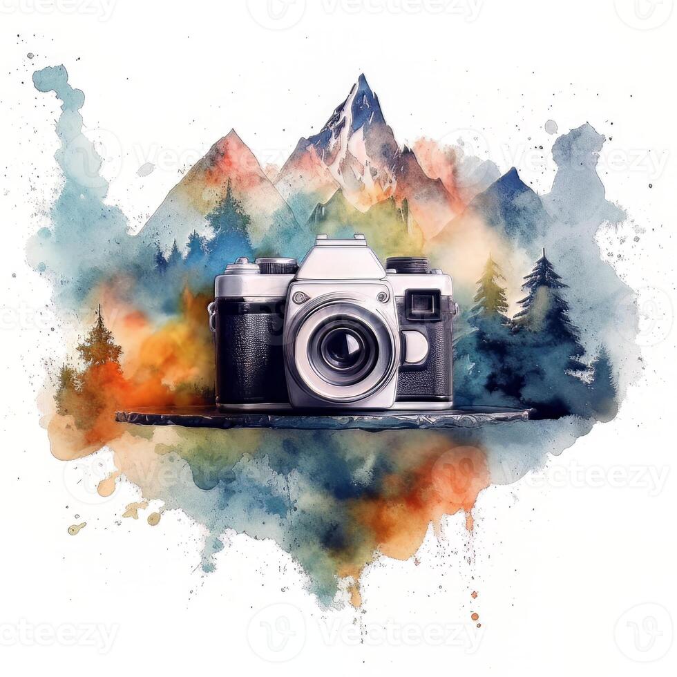 Watercolor Double Exposure Retro Camera With Mountains, National Photography Day Concept photo