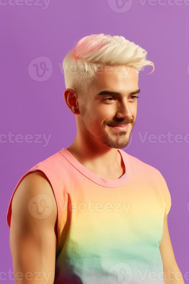 Young bleached hair profile view gay man 20s wearing rainbow sleeveless tee shirt waist up view isolated on plain pastel purple background studio portrait, photo