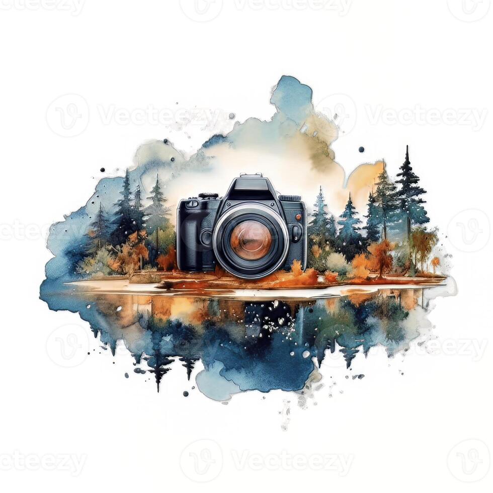 Watercolor Double Exposure Retro Camera With Mountain Forest, National Photography Day Concept photo