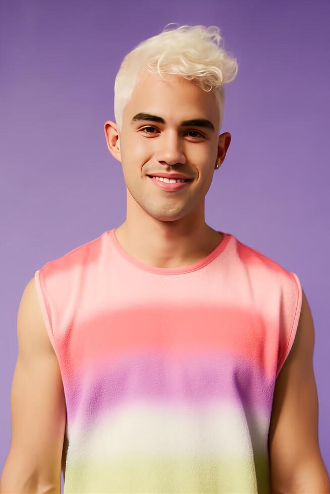 LGBTQ young happy man 20s bleached hair, wearing pastel multicolor sleeveless shirt waist up view isolated on violet background studio portrait, photo