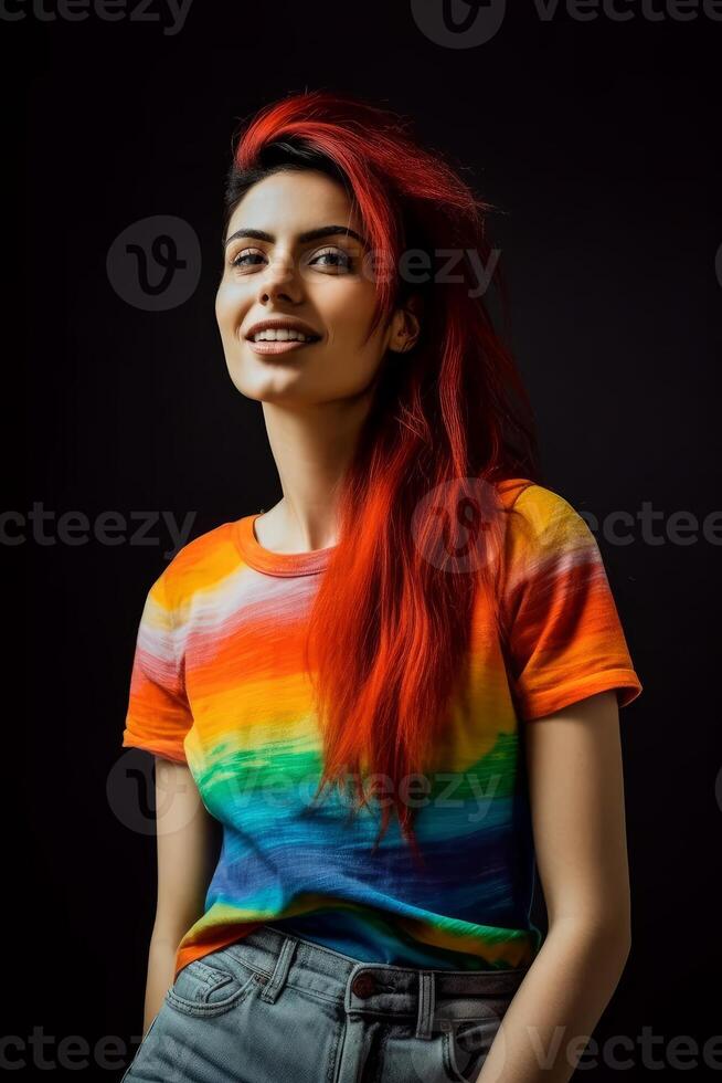 Gay woman long black red hair 20s wearing rainbow tee shirt waist up view isolated on black background studio portrait, photo