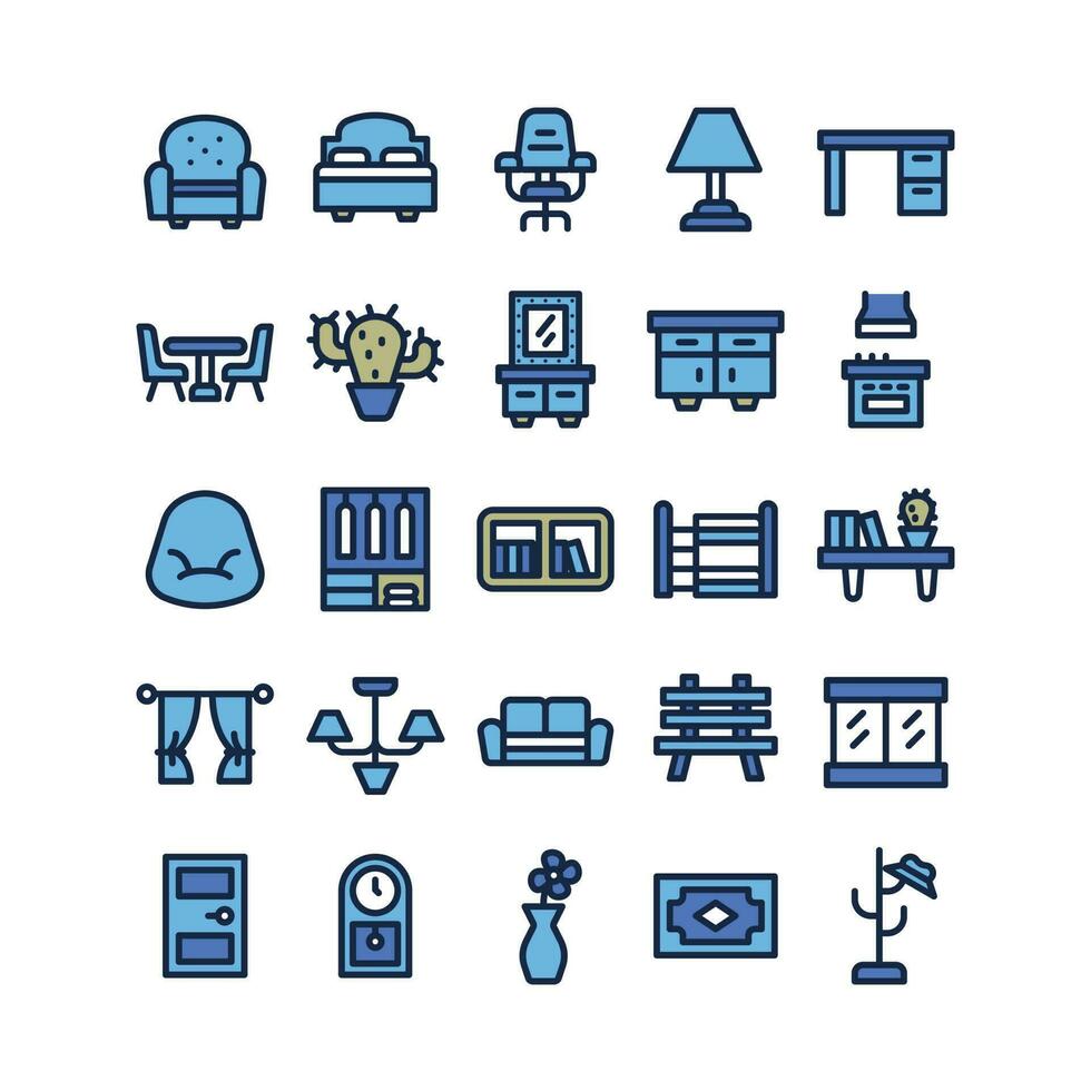 Lineal Fill Furniture Icon Set vector