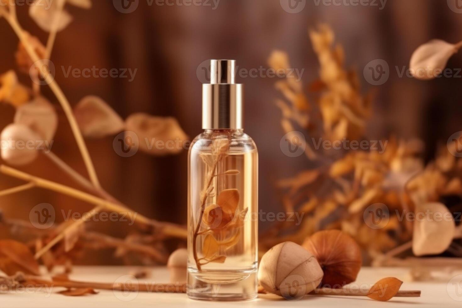 Standing transparent glass cosmetic dropper bottle with dried flowers and leaves on beige background. Autumn composition. photo