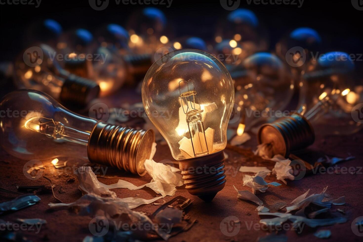 Multiple Bulbs broken and one bulb lit, generative AI 24268409 Stock