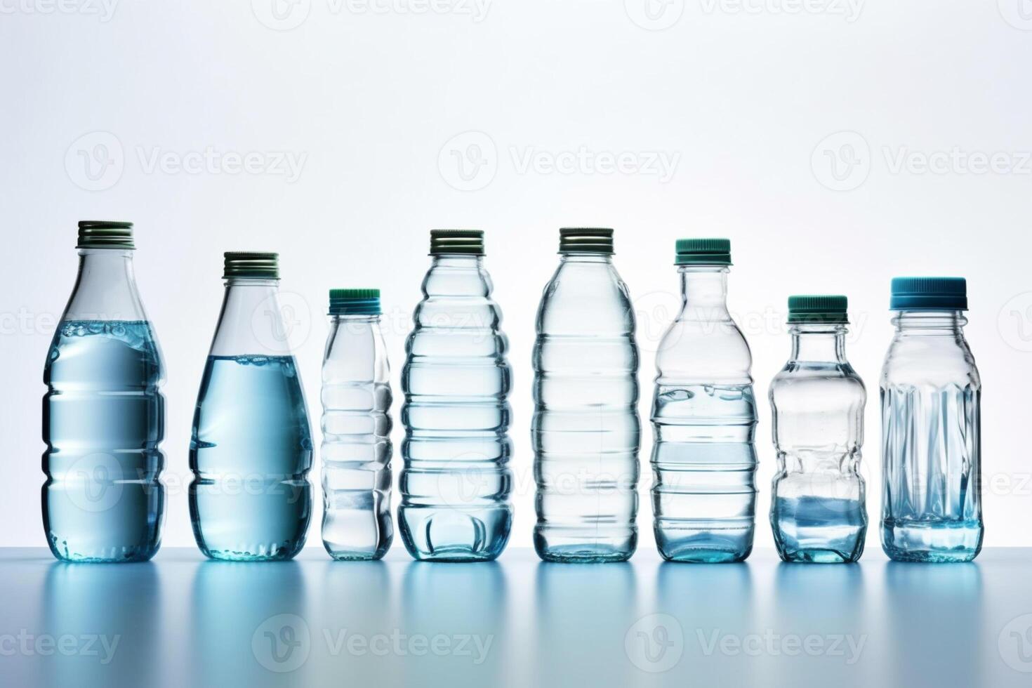 Many water bottles of different sizes are isolated on white background, photo