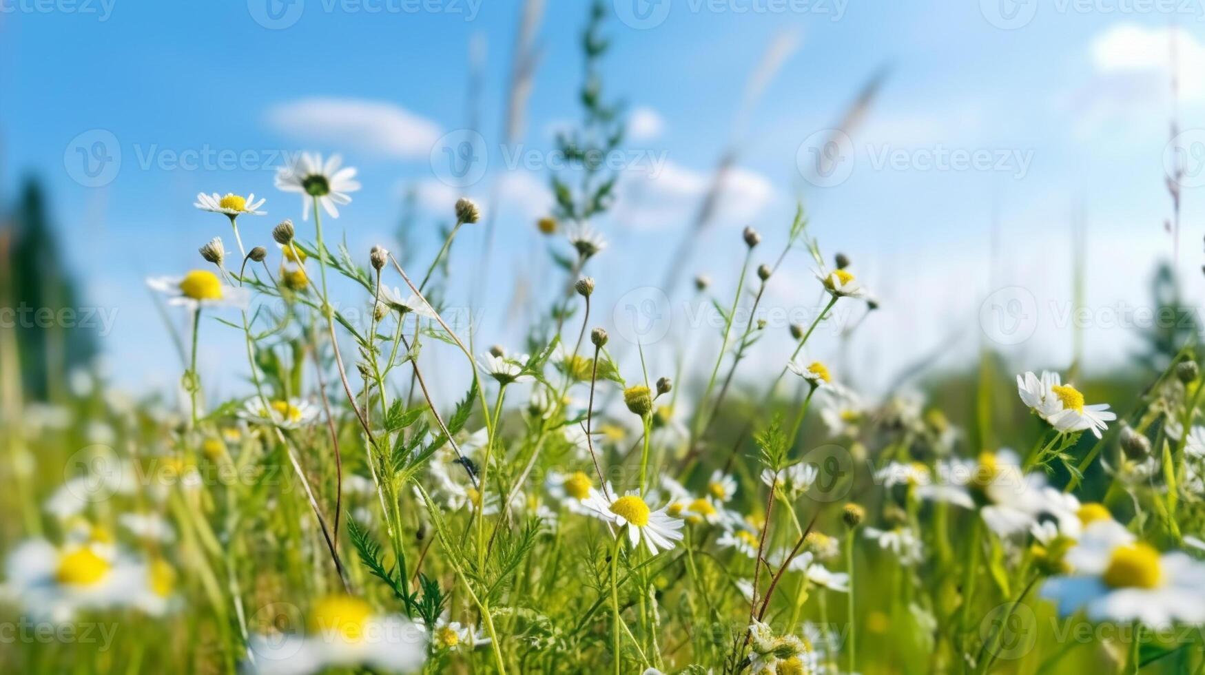 Beautiful meadow flower chamomile with blue sky in the morning, photo