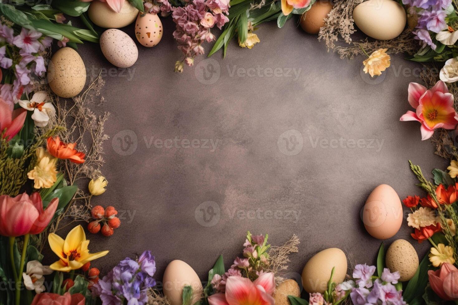 muchos diferente flores y hojas con Pascua de Resurrección huevos. resumen natural marco composición con espacio para texto. generativo ai foto