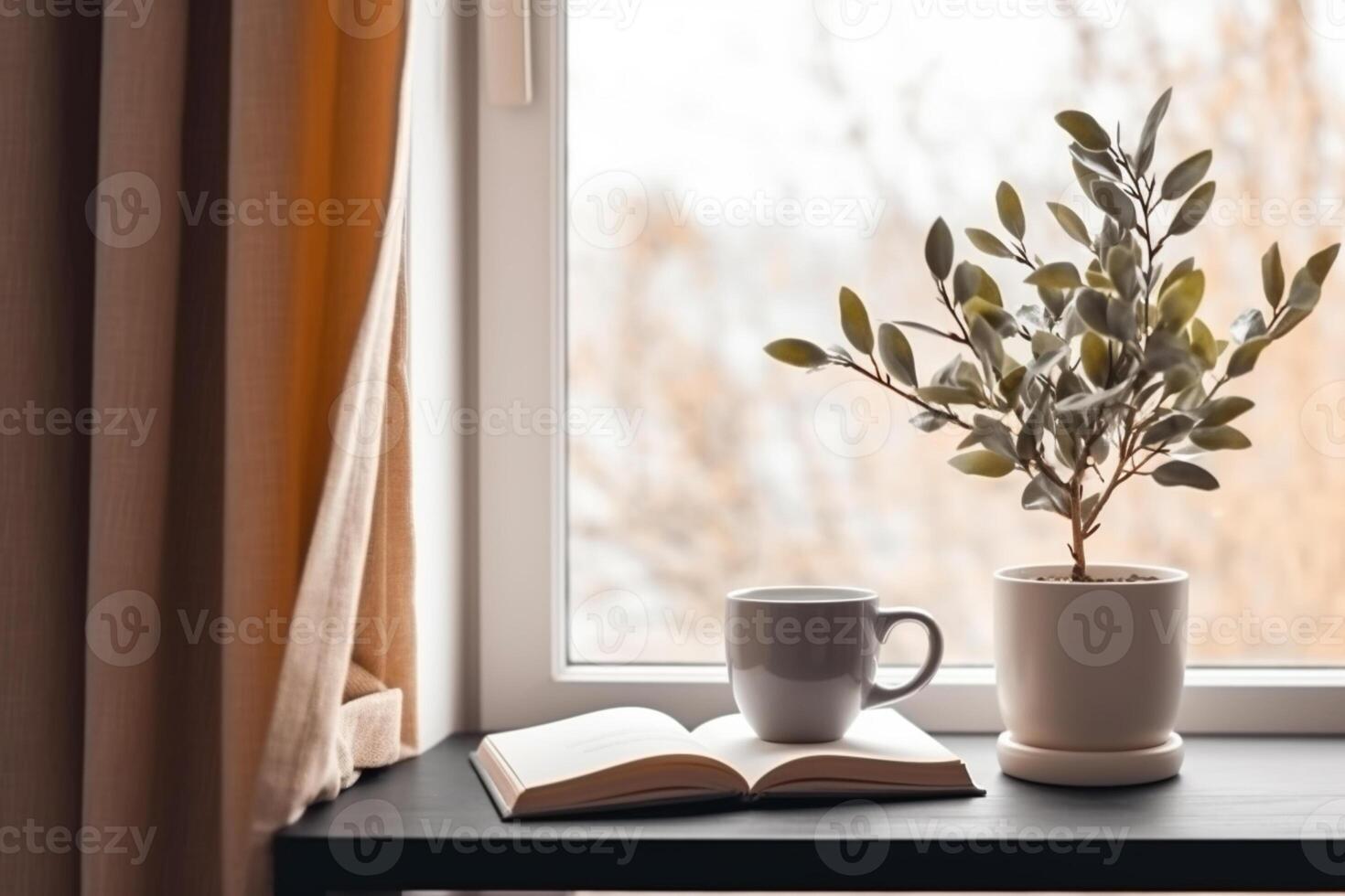Breakfast still life. Cup of coffee, books and blank photo frame mockup on wooden table