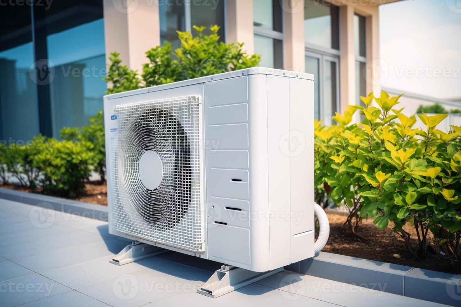 The outdoor AC unit compressor is installed outside the building. Ai