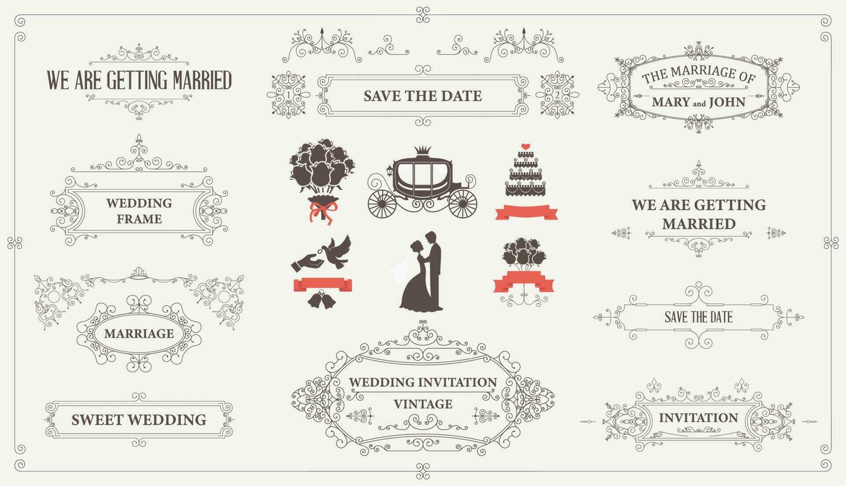 Set of design elements and calligraphic page decorations for wedding cards and invitations. Vector illustration