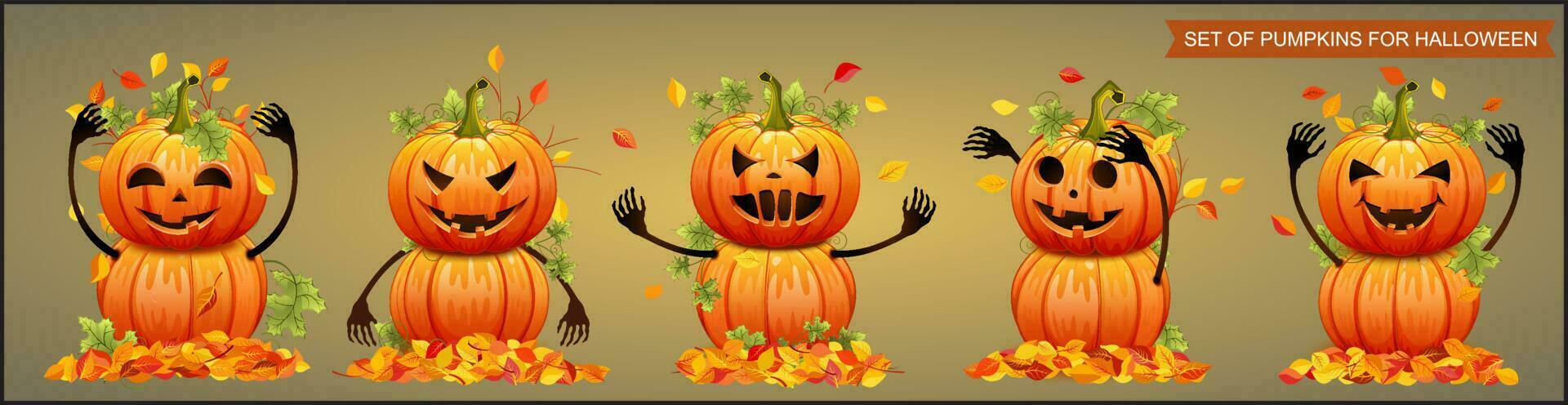 Set of pumpkins for Halloween with autumn leaves. Vector illustration