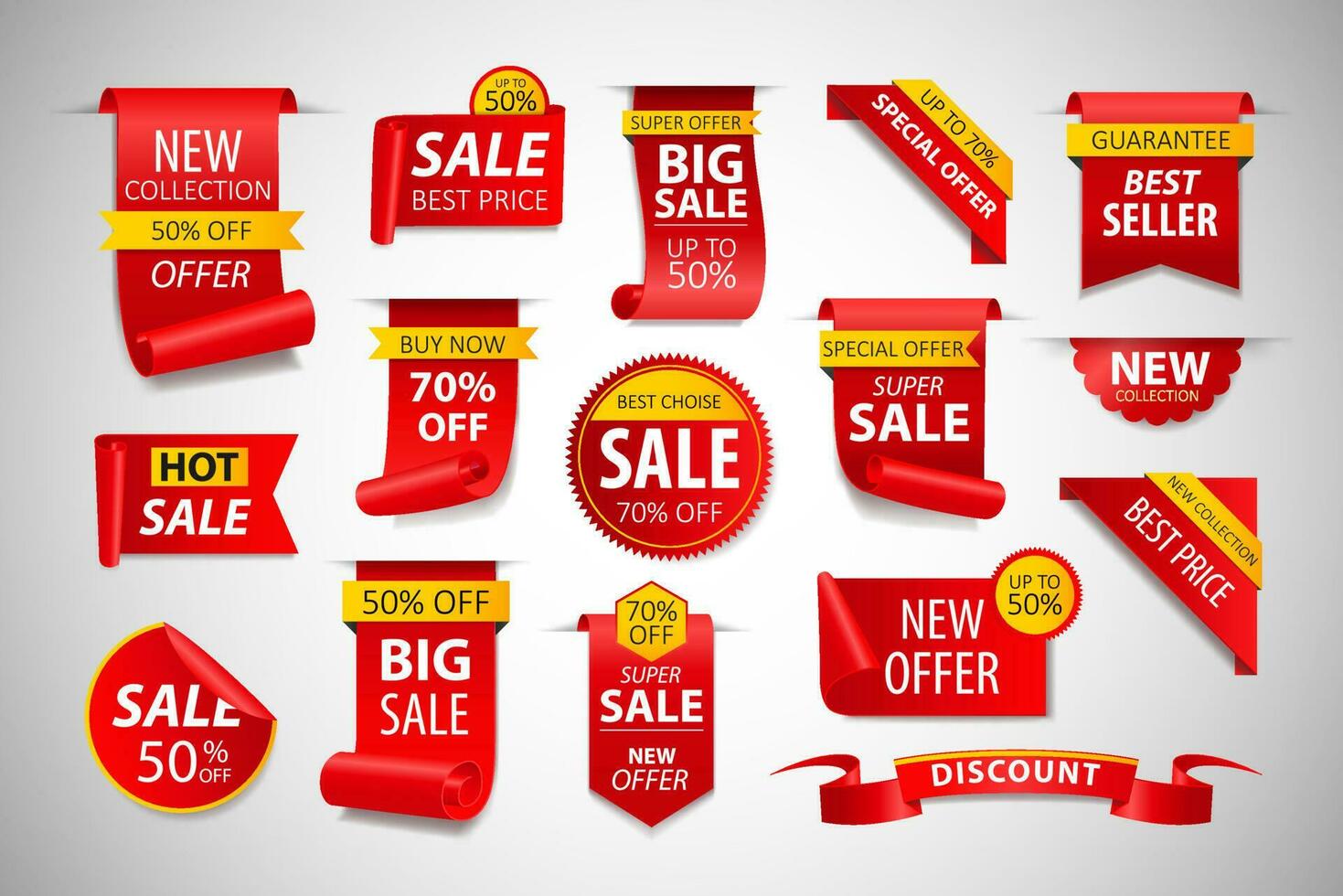 Price tags, red and yellow ribbon banners. Sale promotion, website stickers, special offer badge collection isolated. Vector illustration.